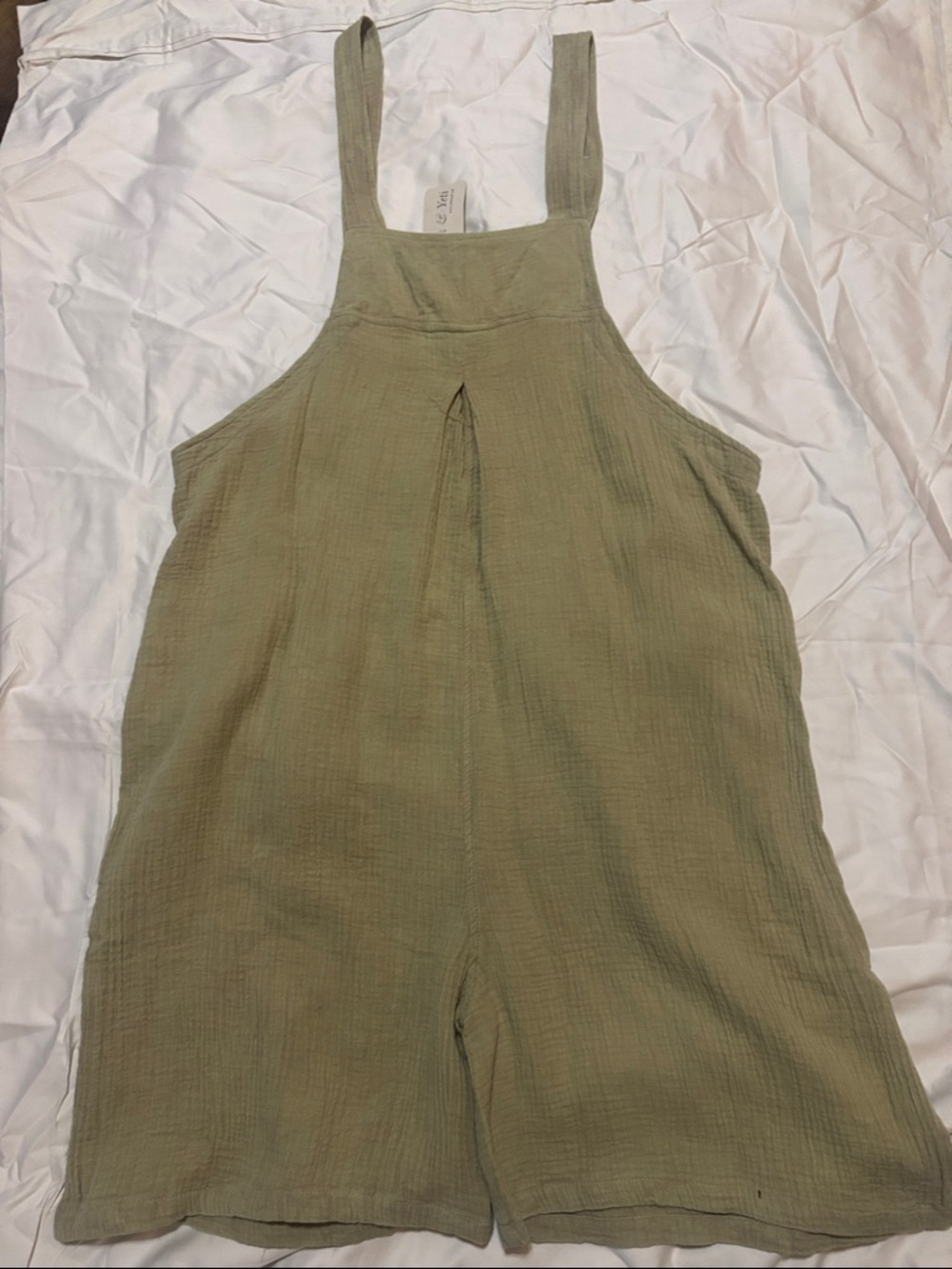 New Light Olive Green Gauze Romper with Front Pockets